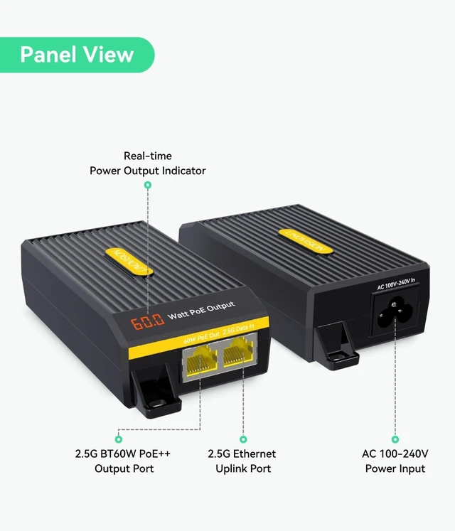 Alt view image 3 of 7 - 2.5G BT 60W PoE++ Injector with LED Screen