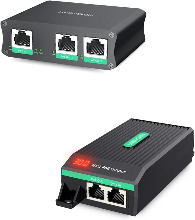Main image of LINOVISION 30W PoE+ Injector with LED Screen to Indicate Power Output and Industrial 2 Ports Gigabit PoE Extender