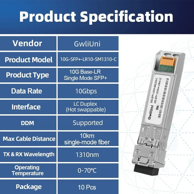 Alt view image 7 of 7 - 10Pcs Single Mode 10G SFP+ Fiber Module Network Transceiver, LR SM1310nm 10km, Duplex LC for Switch, Router, Firewall, Network Card, Media Converter etc
