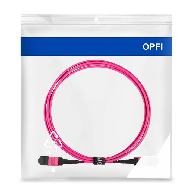 Alt view image 6 of 6 - OPFI® MPO Fiber Cable, Type B, 12 Fibers, Multimode-OM4, Magenta, for 40G QSFP+/100G QSFP28 transceiver, MTP Compatible. Male to Female, 8m (26ft).