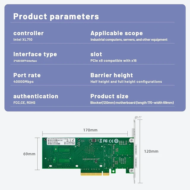 Alt view image 7 of 7 - 40Gb Dual QSFP+ Network Card with XL710-QDA2 Chip,2 Optical Ports Network Interface Card,PCIE X8 NIC for Data Center,High Performance Computing