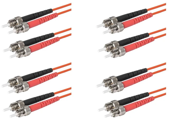 Main image of SpeedyFiberTX 4-Pack 5 Meter ST to ST Fiber Optic Patch Cable, Red and Black Boots, Corning InfiniCor Multimode OM1 62.5/125um Optical Fiber, Duplex Orange Riser OFNR Cable Jacket