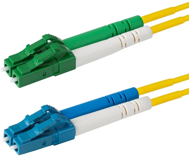 Main image of SpeedyFiberTX 1-Pack 5 Meter LC/U to LC/A Fiber Optic Patch Cable, Green, Blue, and White Boots, Corning SMF-28 Ultra Single-Mode 9/125um Optical Fiber, Duplex Yellow Riser OFNR Cable Jacket