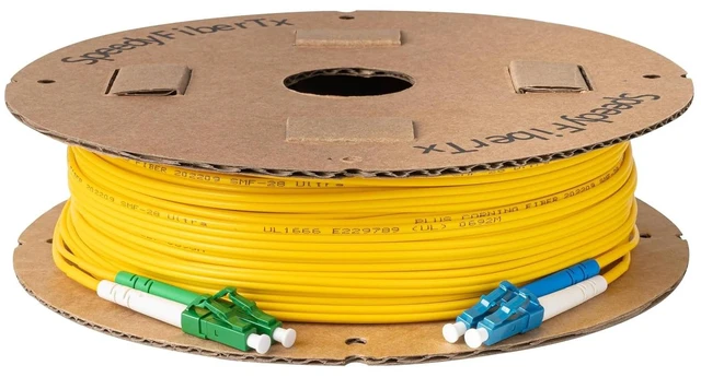 Alt view image 4 of 5 - SpeedyFiberTX 1-Pack 5 Meter LC/U to LC/A Fiber Optic Patch Cable, Green, Blue, and White Boots, Corning SMF-28 Ultra Single-Mode 9/125um Optical Fiber, Duplex Yellow Riser OFNR Cable Jacket