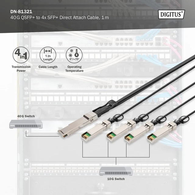 Alt view image 3 of 5 - DIGITUS Direct Attach Copper, 1x QSFP+ 40G to 4X SFP+, 1m