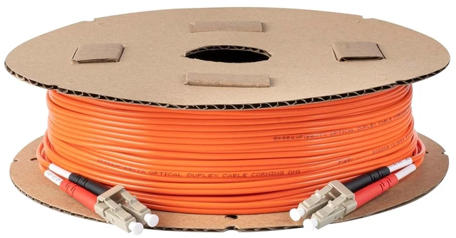Alt view image 4 of 5 - SpeedyFiberTX 1-Pack 35 Meter LC to LC Fiber Optic Patch Cable, Red and Black Boots, Corning InfiniCor Multimode OM1 62.5/125um Optical Fiber, Duplex Orange Riser OFNR Cable Jacket