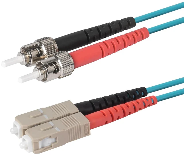 Main image of SpeedyFiberTX 1-Pack 70 Meter ST to SC Fiber Optic Patch Cable, Red and Black Boots, Corning ClearCurve Multimode OM3 50/125um Optical Fiber, Duplex Aqua Riser OFNR Cable Jacket