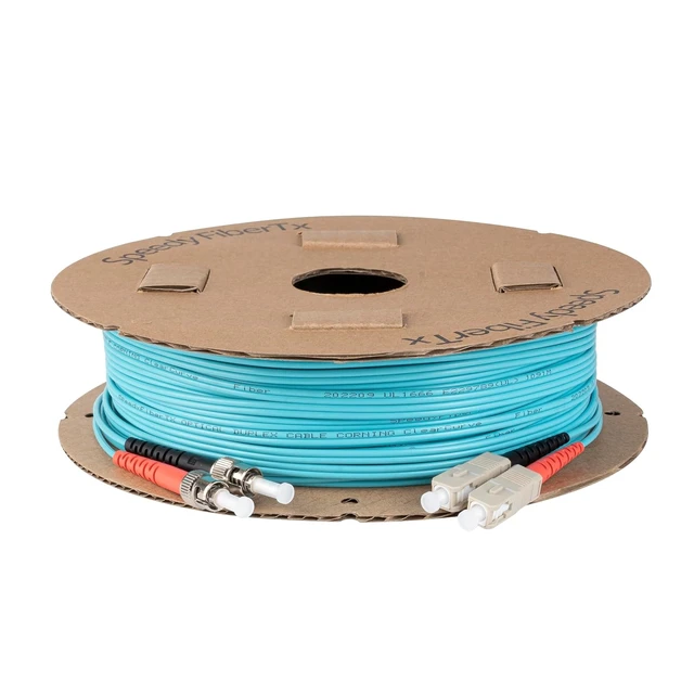 Alt view image 4 of 5 - SpeedyFiberTX 1-Pack 70 Meter ST to SC Fiber Optic Patch Cable, Red and Black Boots, Corning ClearCurve Multimode OM3 50/125um Optical Fiber, Duplex Aqua Riser OFNR Cable Jacket