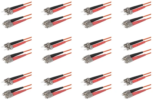Main image of SpeedyFiberTX 12-Pack 0.5 Meter ST to FC Fiber Optic Patch Cable, Red and Black Boots, Corning InfiniCor Multimode OM1 62.5/125um Optical Fiber, Duplex Orange Riser OFNR Cable Jacket