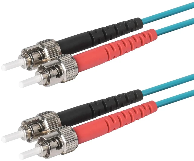 Main image of SpeedyFiberTX 1-Pack 15 Meter ST to ST Fiber Optic Patch Cable, Red and Black Boots, Corning ClearCurve Multimode OM3 50/125um Optical Fiber, Duplex Aqua Riser OFNR Cable Jacket