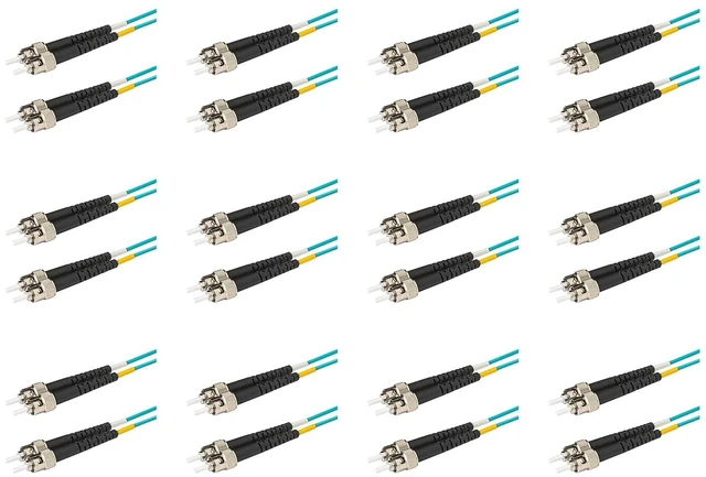 Main image of SpeedyFiberTX - 12-Pack 3 Meter Multimode OM3 Duplex ST to ST Fiber Patch Cable, Corning OM3 ClearCurve 50/125 Optical Fiber, Aqua Riser OFNR Cable Jacket