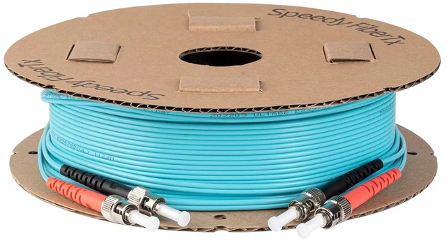 Alt view image 4 of 5 - SpeedyFiberTX 1-Pack 15 Meter ST to ST Fiber Optic Patch Cable, Red and Black Boots, Corning ClearCurve Multimode OM3 50/125um Optical Fiber, Duplex Aqua Riser OFNR Cable Jacket
