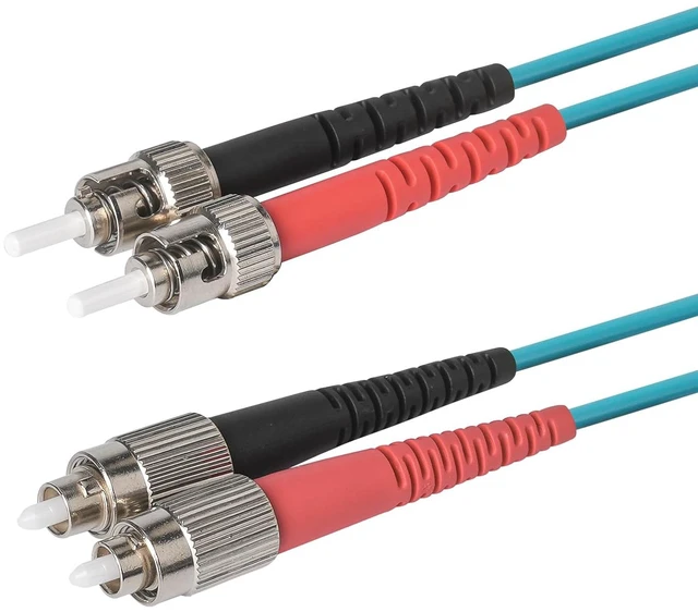 Main image of SpeedyFiberTX 1-Pack 9 Meter ST to FC Fiber Optic Patch Cable, Red and Black Boots, Corning ClearCurve Multimode OM4 50/125um Optical Fiber, Duplex Aqua Riser OFNR Cable Jacket