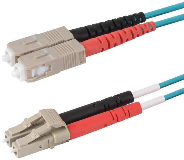 Main image of SpeedyFiberTX 1-Pack 35 Meter SC to LC Fiber Optic Patch Cable, Red and Black Boots, Corning ClearCurve Multimode OM3 50/125um Optical Fiber, Duplex Aqua Riser OFNR Cable Jacket