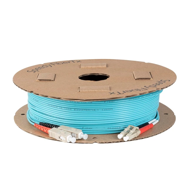 Alt view image 4 of 5 - SpeedyFiberTX 1-Pack 35 Meter SC to LC Fiber Optic Patch Cable, Red and Black Boots, Corning ClearCurve Multimode OM3 50/125um Optical Fiber, Duplex Aqua Riser OFNR Cable Jacket