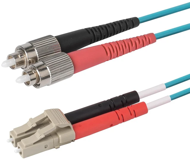 Main image of SpeedyFiberTX 1-Pack 12 Meter FC to LC Fiber Optic Patch Cable, Red and Black Boots, Corning ClearCurve Multimode OM3 50/125um Optical Fiber, Duplex Aqua Riser OFNR Cable Jacket