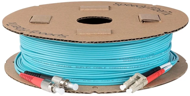 Alt view image 4 of 5 - SpeedyFiberTX 1-Pack 12 Meter FC to LC Fiber Optic Patch Cable, Red and Black Boots, Corning ClearCurve Multimode OM3 50/125um Optical Fiber, Duplex Aqua Riser OFNR Cable Jacket