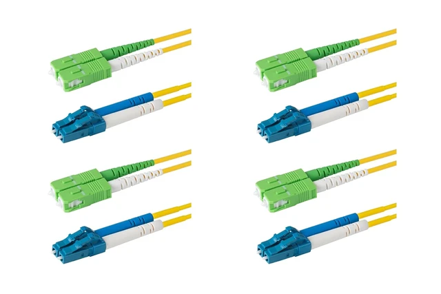 Main image of SpeedyFiberTX 4-Pack 50 Meter LC/U to SC/A Fiber Optic Patch Cable, Green, Blue, and White Boots, Corning SMF-28 Ultra Single-Mode 9/125um Optical Fiber, Duplex Yellow Riser OFNR Cable Jacket