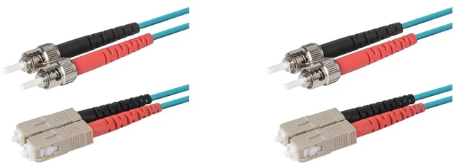 Main image of SpeedyFiberTX 2-Pack 100 Feet ST to SC Fiber Optic Patch Cable, Red and Black Boots, Corning ClearCurve Multimode OM4 50/125um Optical Fiber, Duplex Aqua Riser OFNR Cable Jacket