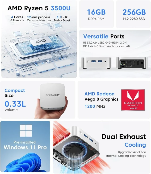 Alt view image 2 of 7 - ACEMAGIC V1 Mini PC, AMD Ryzen 3500U, 16GB RAM 256GB SSD Win 11 Pro