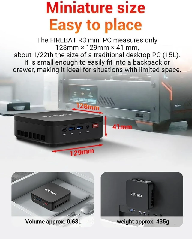 Alt view image 4 of 7 - FIREBAT Mini PC AMD Ryzen 4300U (up to 3.7GHz), LAN/Wi-Fi 6/BT 5.2, Type-C/HDMI/DP, 4K @60Hz Support, 16GB LPDDR4, 512GB SSD (Expandable),Silent,Use in Education, Office, and Home EntertainmentR3