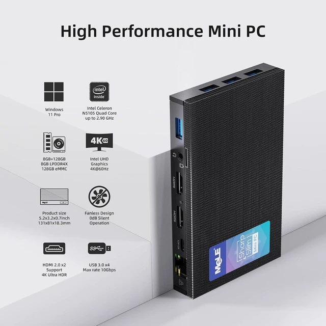 Alt view image 7 of 7 - MeLE Quieter3Q Fanless Mini PC Celeron N5105 8GB 128GB, Micro Desktop Computer, Dual HDMI USB3.2 WiFi 5 BT5.1, Ethernet Unlock Bios on Office/Industrial/Astrophotography with VESA Mount