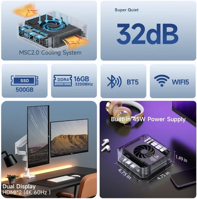 Alt view image 3 of 7 - Mini PC, 13th Gen Alder Lake N150 (Turbo 3.6Hz), 16GB DDR4 500GB M.2 SSD Dual LAN, Desktop Mini Computer 4K Dual HDMI Display, WiFi, BT5.0, Built-in 45W Power Supply and Dustproof Design