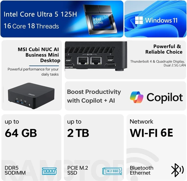 Alt view image 2 of 7 - msi Cubi NUC AI Business Mini Desktop, Intel 14-Core Ultra 5 125H, 16GB DDR5, 1TB SSD, Support 4-Display & 4K, 2 x Thunderbolt 4, 2 x HDMI, Dual 2.5G LAN, Wi-Fi 6E, Windows 11 Pro, Black