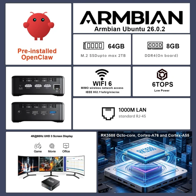 Alt view image 2 of 7 - RUPA OpenClaw Mini PC 8GB DDR4 RAM 64GB 2.5''SSD, Micro PC Preinstalled AI Agent System Armbian Ubuntu 26.0.2, Support Real 4K HDR 10+ Triple Display, WiFi6, BT5.2, USB3.0, Gigabit Ethernet