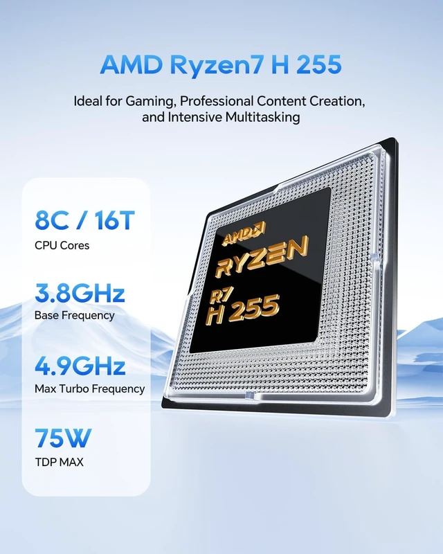 Alt view image 3 of 7 - AOOSTAR MACO Mini PC, AMD Ryzen 7 H255 24GB DDR5 RAM 1TB PCIe4.0 SSD Mini Computer(8C/16T, up to 4.9GHz), Radeon 780M Graphics, Mini Desktop Computer with OCuLink/USB4/HDMI2.1/WiFi6/Dual 2.5G LAN