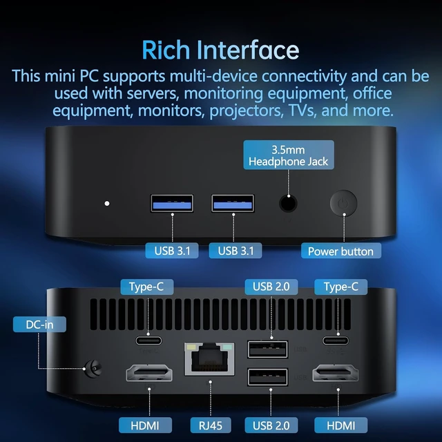 Alt view image 5 of 7 - Mini PC, Core i3-6100U with 8GB RAM 256GB SSD, 2 Cores 4 Threads, Desktop Computer with 4K Display Support, WIFI 6, BT 5.2, USB *4, TYPE-C*2, HDMI*2, Win 11 Pro, Small PC for Work Study Multitasking