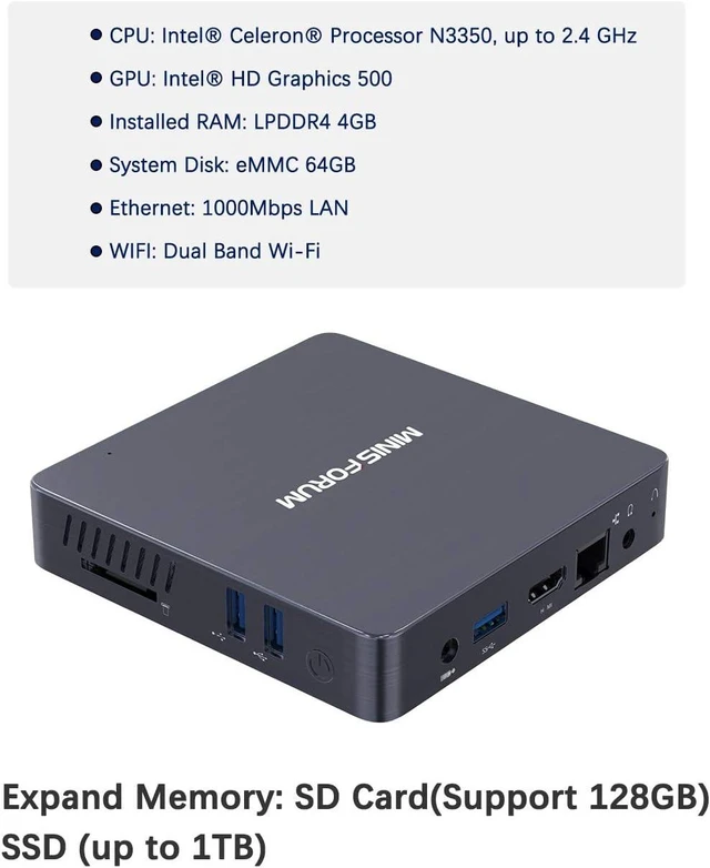 Alt view image 2 of 7 - Windows 10 Pro Mini PC, Intel Celeron N3350 Dual-Core Processor, 4GB LPDDR4 64GB eMMC, Fanless Mini Desktop Computer Support 4K HD/HDMI+VGA Port/Dual WiFi/Gigabit Ethernet/BT 4.2