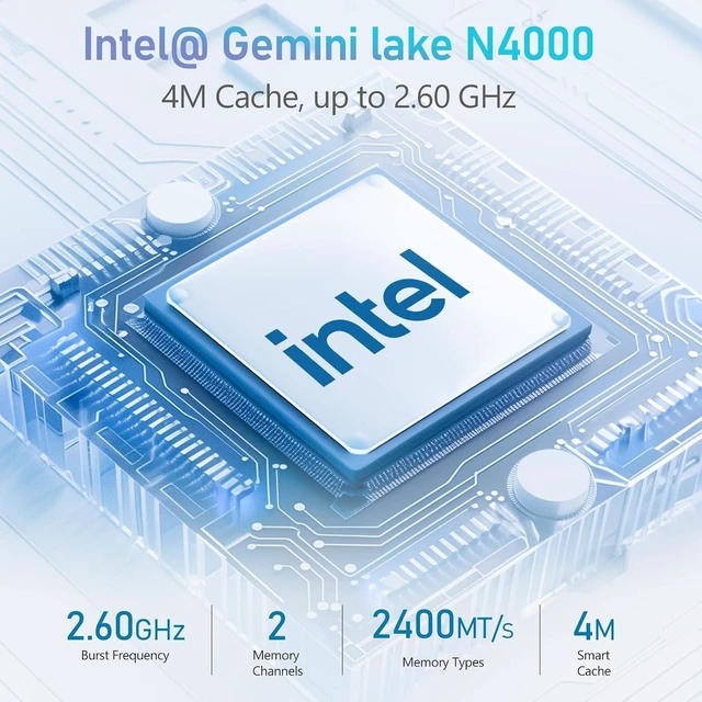 Alt view image 7 of 7 - Mini PC Intel N4000 (Up to 2.6GHz), 8GB LPDDR4 RAM 128GB eMMC, Supports 4K@60Hz Dual Monitor, M.2 SSD Expandable to 2TB, 2.4G/5G WiFi & BT 5.0, Mini Desktop Computer for Home Office & Education