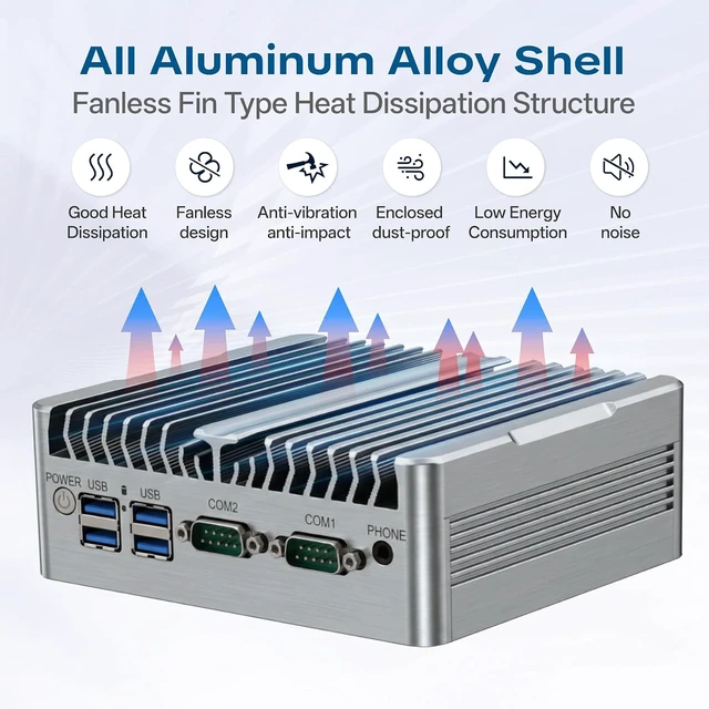 Alt view image 3 of 7 - Industrial Fanless Mini PC, Core i5-8250U, 16GB RAM 256GB SSD