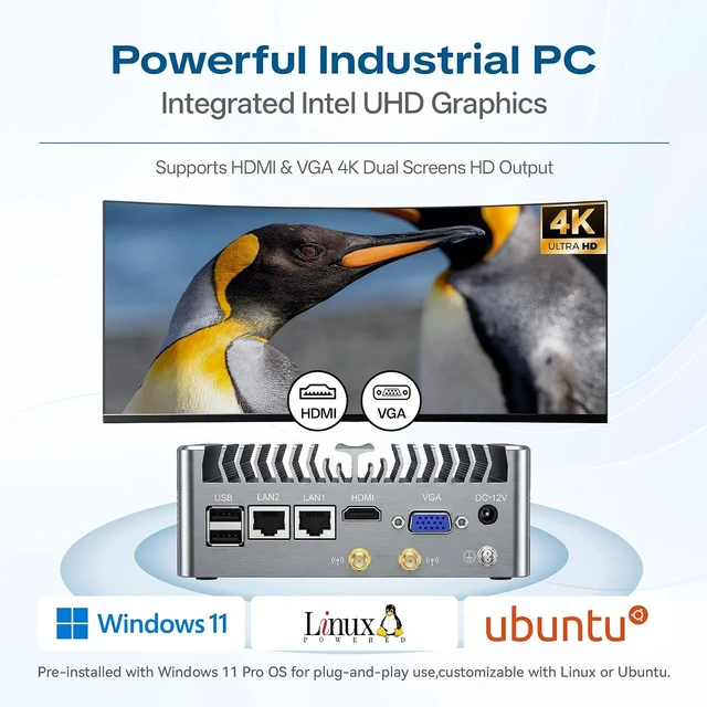 Alt view image 4 of 7 - Industrial Fanless Mini PC, Core i5-8250U, 16GB RAM 256GB SSD