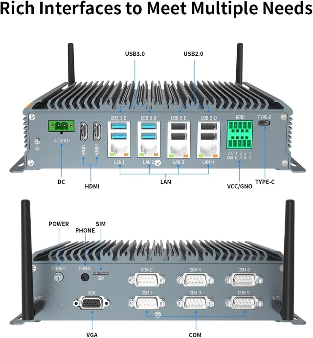 Alt view image 3 of 7 - Fanless Industrial PC Windows 11 Pro Desktop PC, Intel I5-7200U 8GB RAM 1TB SSD, 4xLAN, 4xUSB 3.0, 4xUSB 2.0, 6xCOM, 8xGPIO, Dual HDMI, VGA, Type-C, WiFi, Rugged Mini Computer