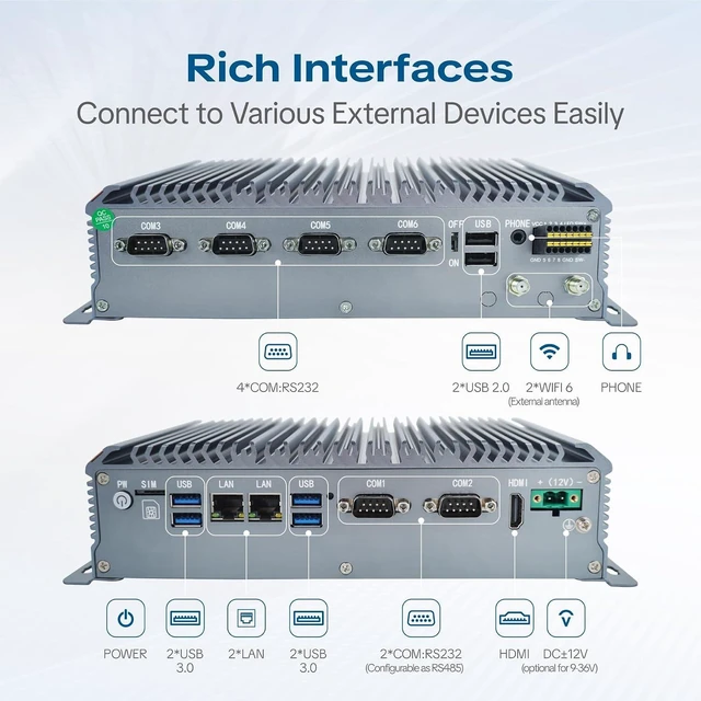 Alt view image 3 of 7 - Industrial PC Fanless Mini PC,Windows 11 Pro,Intel Core i5-1235U,16GB DDR4 RAM,256GB SSD,WiFi/BT,4K HDMI,LAN×2,4×RS232,2×RS485,6×USB,GPIO,LVDS,TPM2.0,Industrial Computer Support Power On Auto