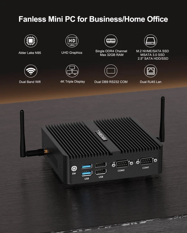 Alt view image 2 of 7 - Fanless N95 Mini PC 12V Industrial pc 4K Triple Display, 2x RS232 COM