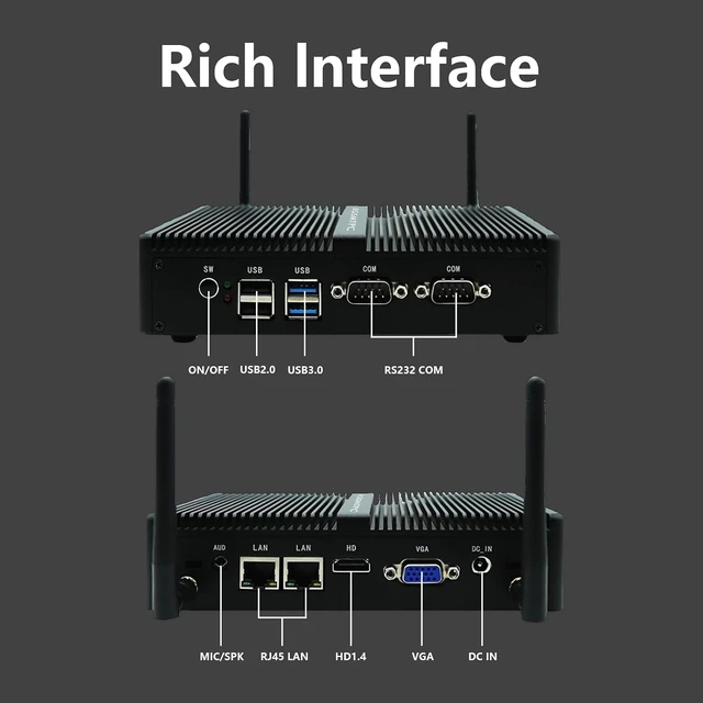 Alt view image 2 of 7 - Fanless Mini PC, Industrial PC Pentium Silver 4200UC, 8GB RAM, 512GB SSD, Windows 11 Pro, HD VGA Dual Display, 2 RS232 COM, Dual Gigabit Ethernet, WiFi 5, BT