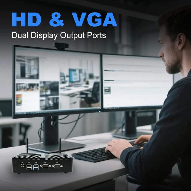 Alt view image 3 of 7 - Fanless Mini PC, Industrial PC Pentium Silver 4200UC, 8GB RAM, 512GB SSD, Windows 11 Pro, HD VGA Dual Display, 2 RS232 COM, Dual Gigabit Ethernet, WiFi 5, BT