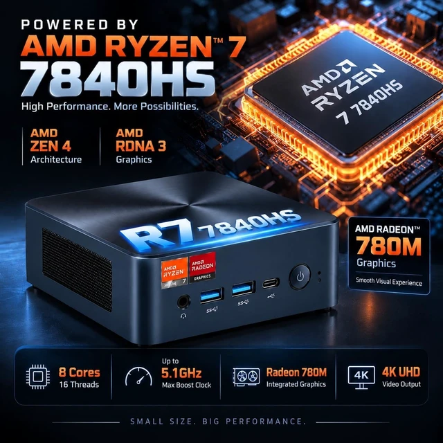Alt view image 2 of 7 - N7P Gaming Mini PC, AMD Ryzen 7 7840HS (up to 5.1GHz), Without RAM/SSD/OS
