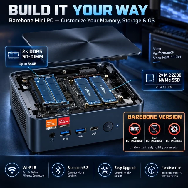 Alt view image 3 of 7 - N7P Gaming Mini PC, AMD Ryzen 7 7840HS (up to 5.1GHz), Without RAM/SSD/OS