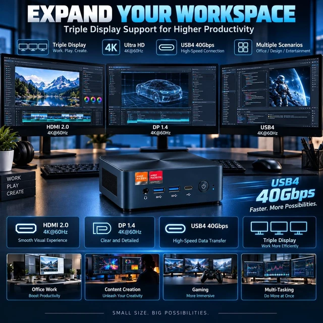 Alt view image 4 of 7 - N7P Gaming Mini PC, AMD Ryzen 7 7840HS (up to 5.1GHz), Without RAM/SSD/OS