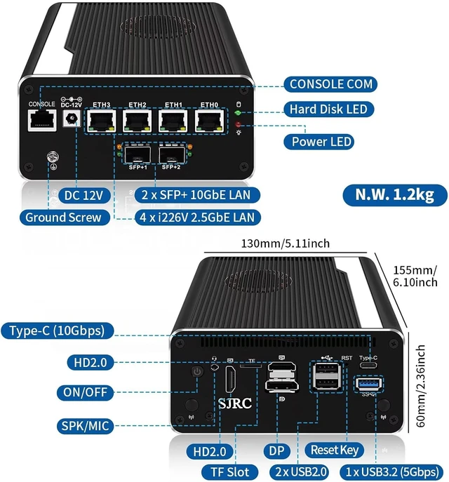 Alt view image 5 of 7 - SJRC Mini PC Firewall Appliance U300 5-Core, Dual 10GbE SFP+, 4x2.5GbE RJ45