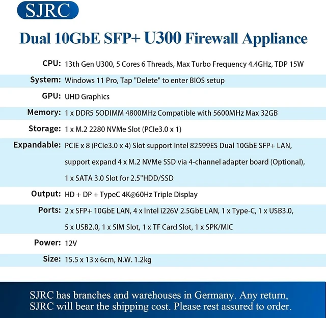 Alt view image 4 of 7 - SJRC Mini PC Firewall Appliance U300 5-Core, Dual 10GbE SFP+, 4x2.5GbE RJ45