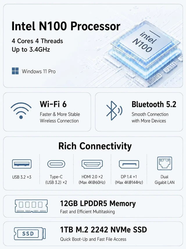Alt view image 2 of 7 - Mini PC N100 (Turbo 3.4GHz), 12GB LPDDR5 RAM 1TB M.2 SSD Small Desktop Computer, 4K HDMI DP/3 x USB3.2 Wi-Fi 6/BT 5.2, HTPC/Business Office Micro Pc