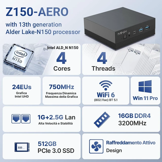 Alt view image 5 of 7 - MINIX Z100-Aero,16GB DDR4, 512GB PCIe 3.0 NVMe SSD Intel 12th Gen N100 Windows 11 Pro Mini PC, 4K Triple Display/1GB+2.5G LAN/USB-A 3.2/USB-C/WiFi 5/BT5.1/Vesa Mount/Support Auto Power On