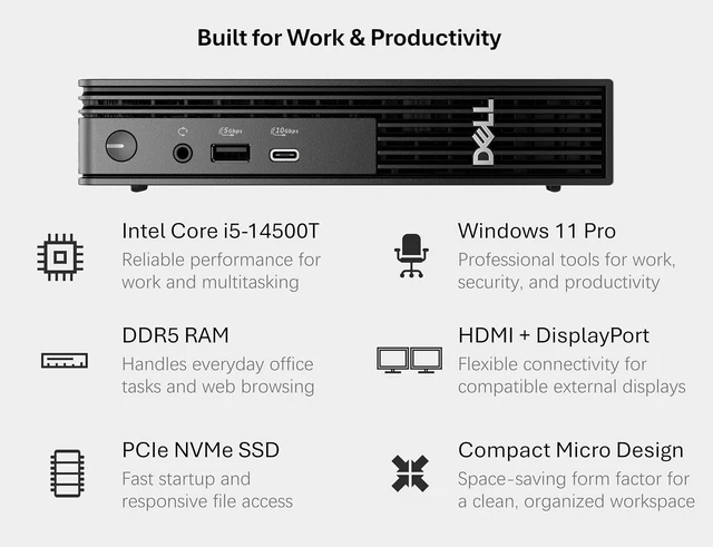 Alt view image 2 of 7 - Dell Pro Micro Desktop Computer, Intel Core i5-14500T, 16GB DDR5 RAM, 256GB PCIe SSD, USB-C, HDMI 2.1, Gigabit Ethernet, Windows 11 Pro, for Business, Home Office & Everyday Productivity
