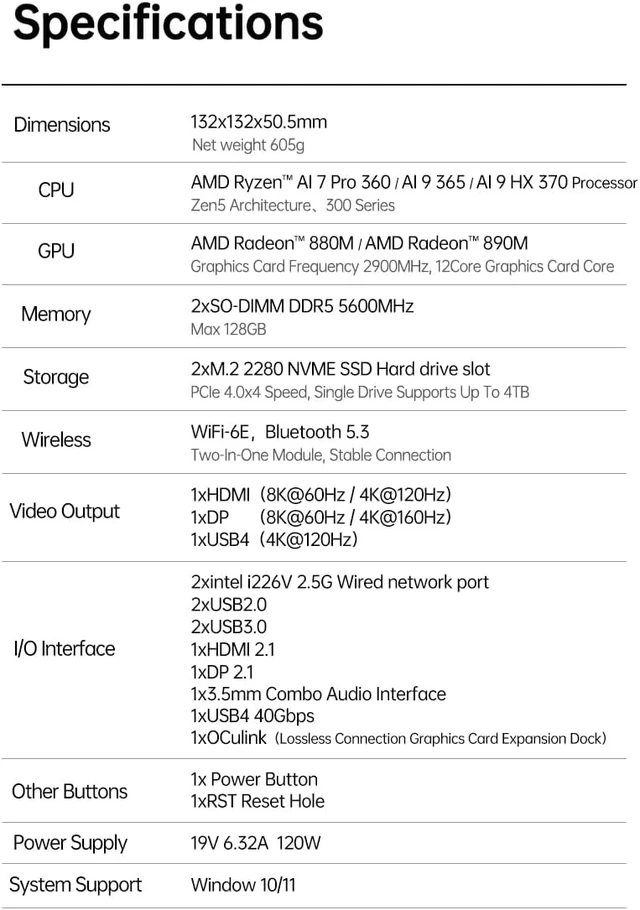 Alt view image 3 of 7 - Ryzen AI 9 HX 370 Gaming Mini PC, USB4, 2x2.5G LAN, 2xNVMe, Win11, Metal