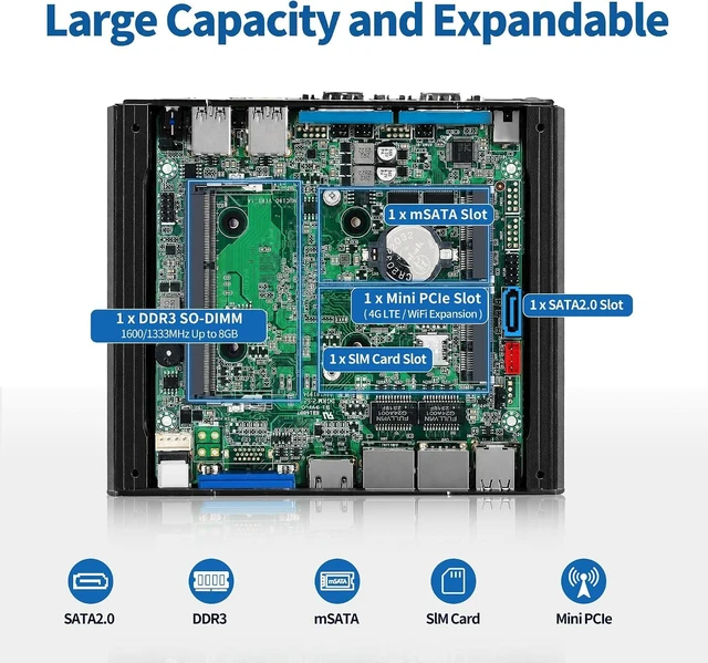 Alt view image 5 of 7 - SJRC Mini PC Celeron J4125, Fanless Industrial Computer with 2X RS232/RS485 COM, 2 x Gigabit LAN, Micro Embedded Computer Box, 16GB DDR4 RAM 512GB mSATA SSD, SIM, mPCIe, HD, VGA